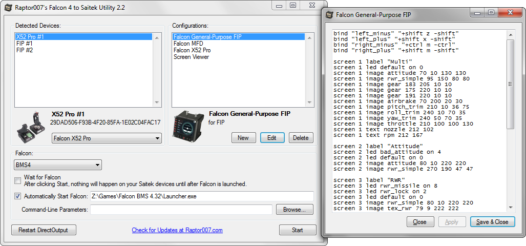 Screenshot of Falcon 4 to Saitek Utility v2.2 UI