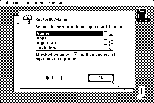 Mac System 3.3 AppleShare list of volumes