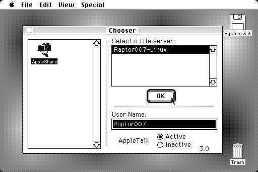 Mac System 3.3 Chooser with AppleShare